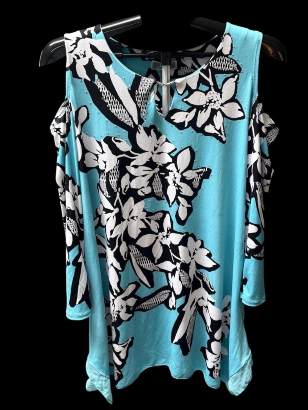 Cold-Shoulder  With 3/4 Sleeve Floral Tunic in Aqua